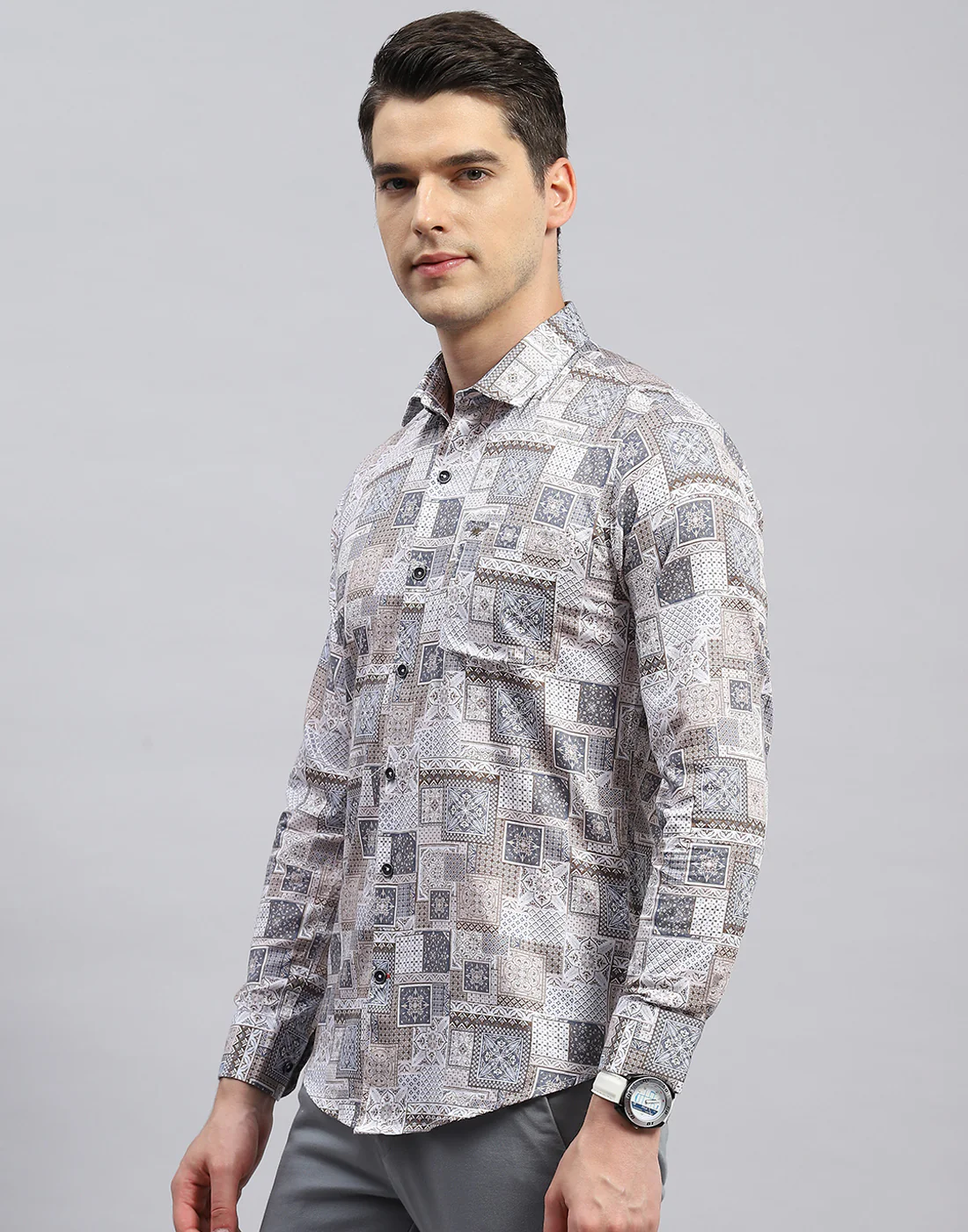 Men Brown Printed Collar Full Sleeve Shirt - Image 3