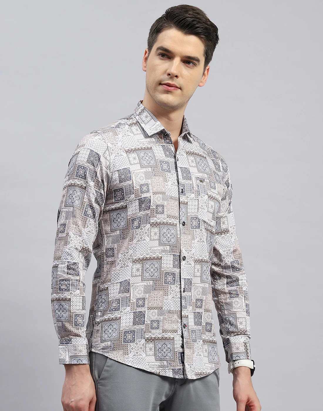 Men Brown Printed Collar Full Sleeve Shirt - Image 4