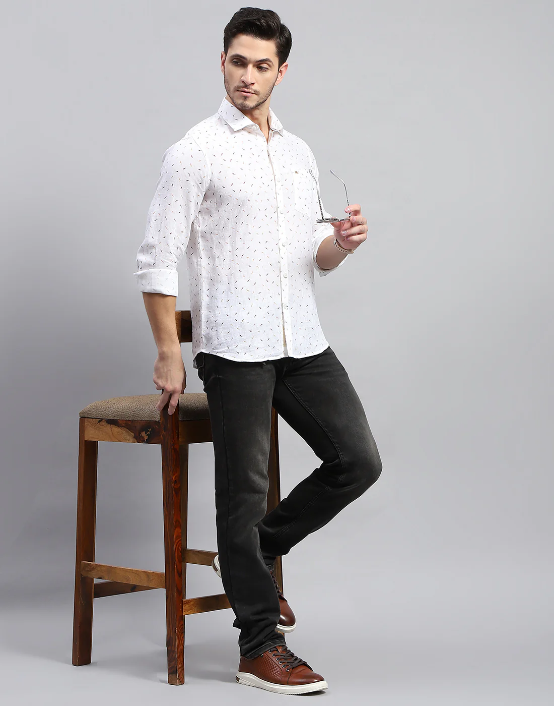 Men Brown Printed Collar Full Sleeve Linen Shirt - Image 2