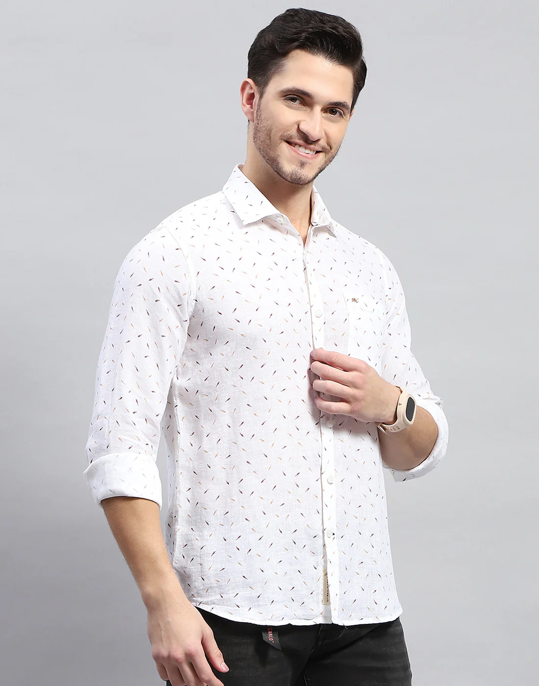 Men Brown Printed Collar Full Sleeve Linen Shirt - Image 5