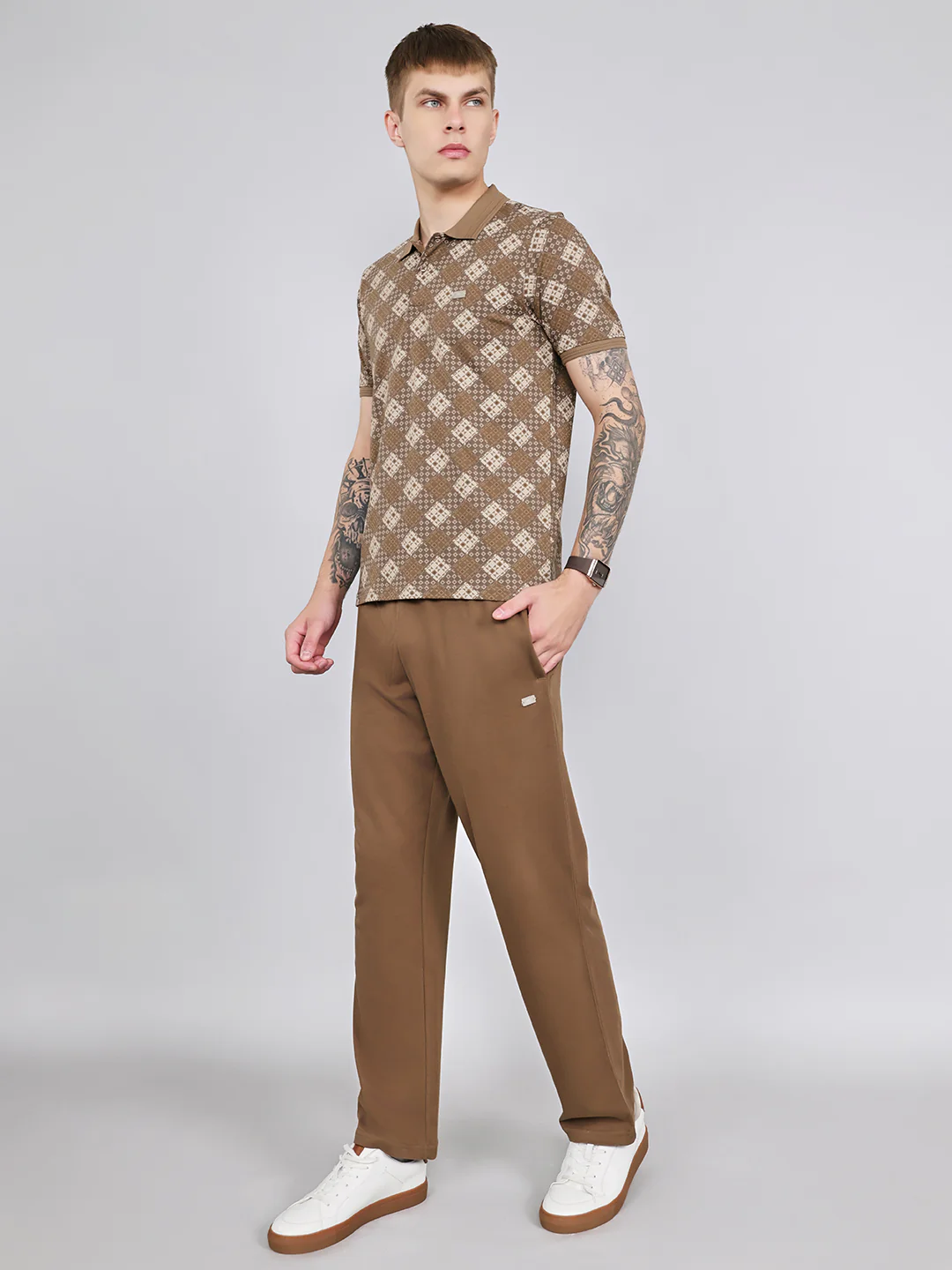 Men Brown Printed Collar Half Sleeve Lower Set - Image 2