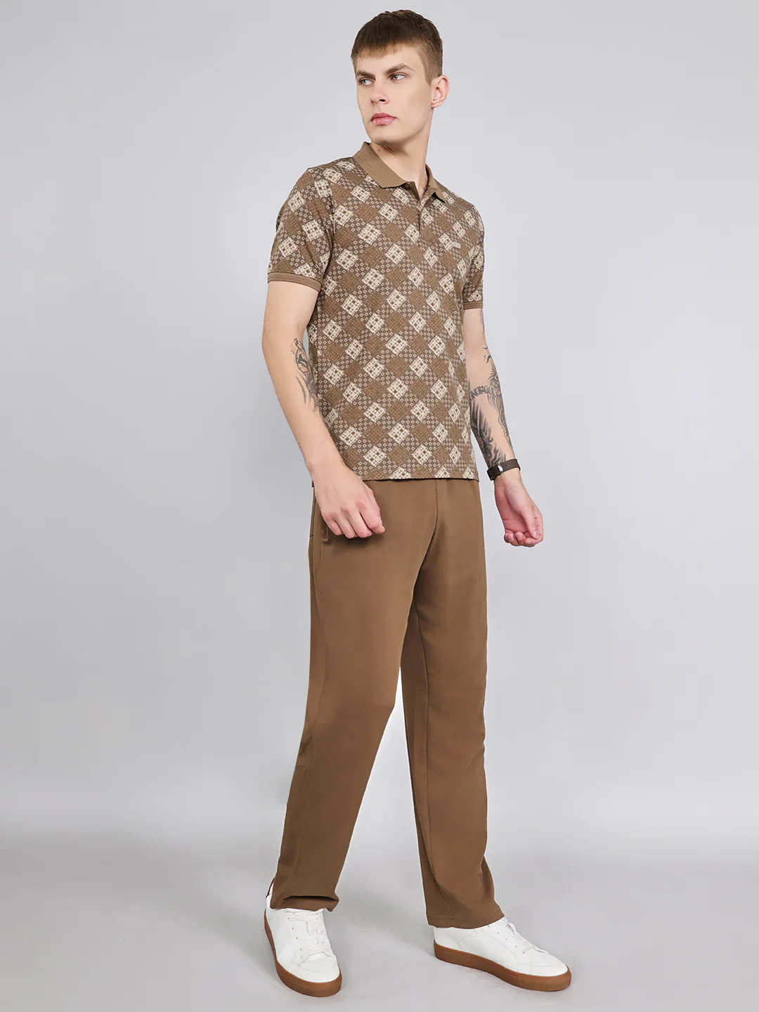 Men Brown Printed Collar Half Sleeve Lower Set - Image 3