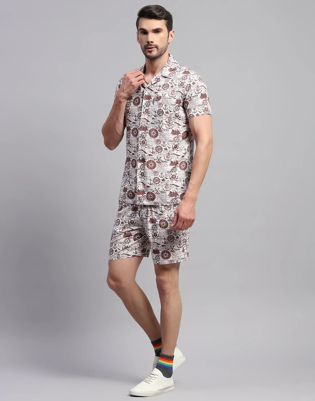 Men Brown Printed Collar Neck Half Sleeve Cords Set - Image 3