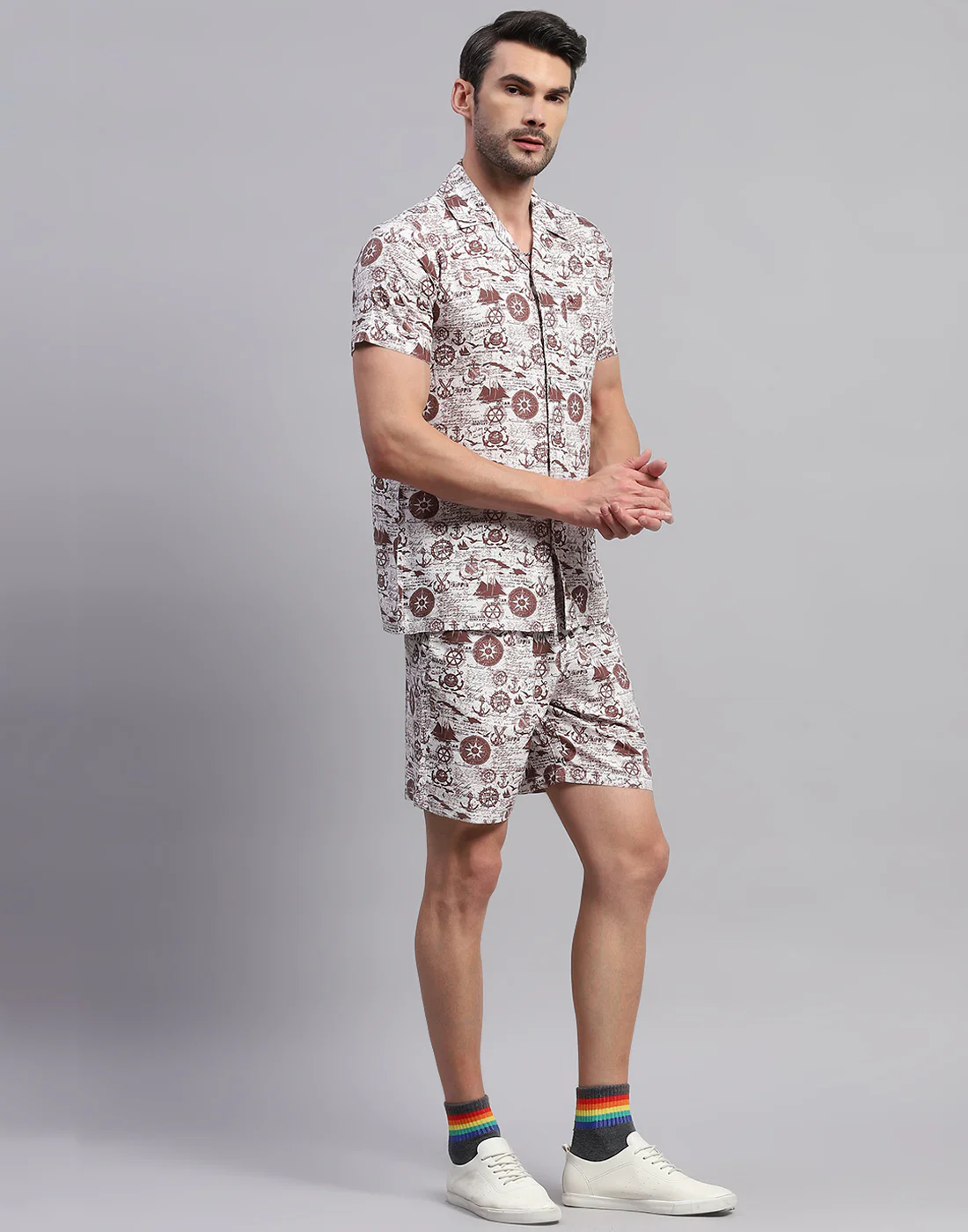 Men Brown Printed Collar Neck Half Sleeve Cords Set - Image 4