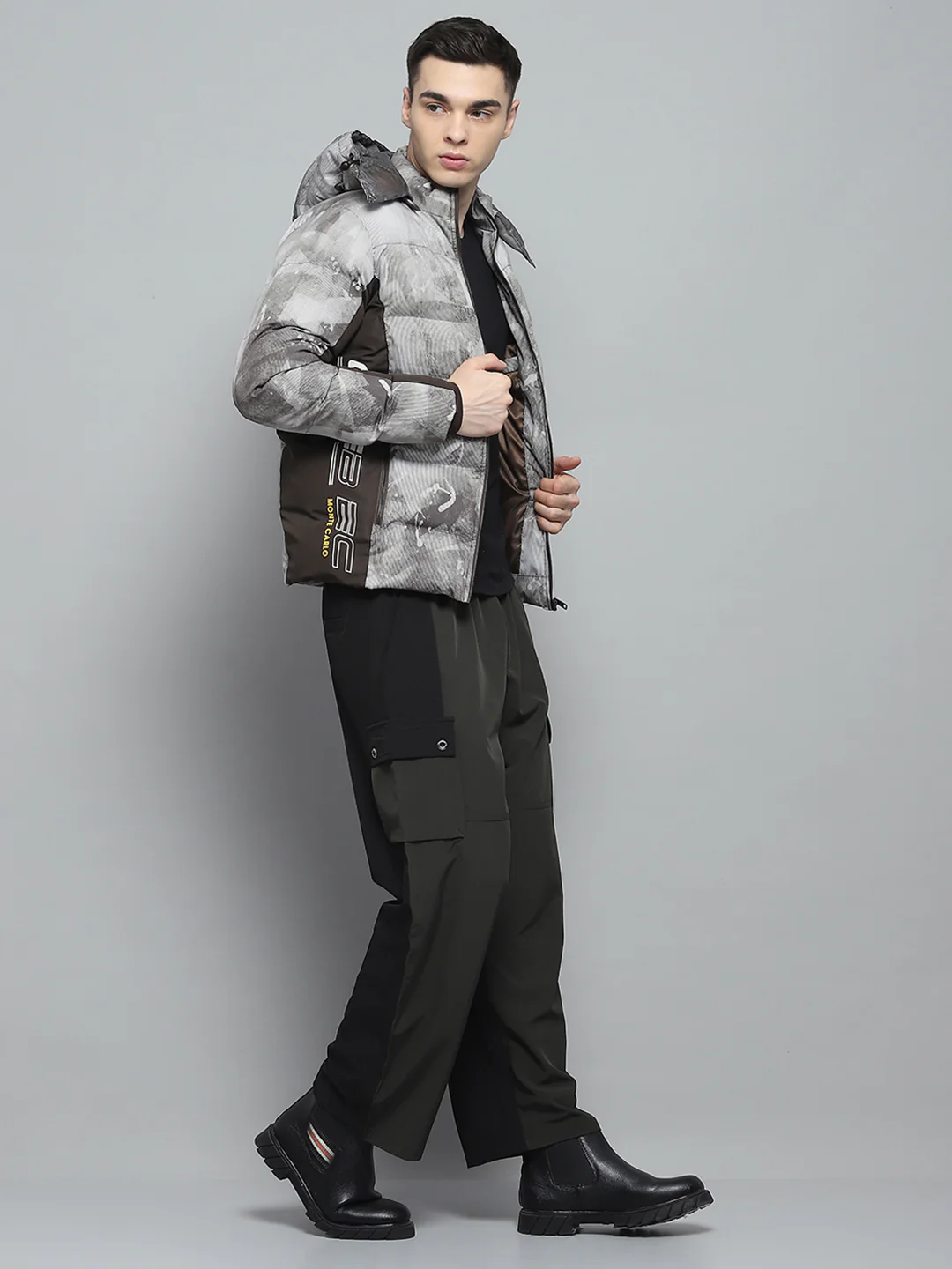 Men Brown Printed Detachable Hood Full Sleeve Jacket - Image 2