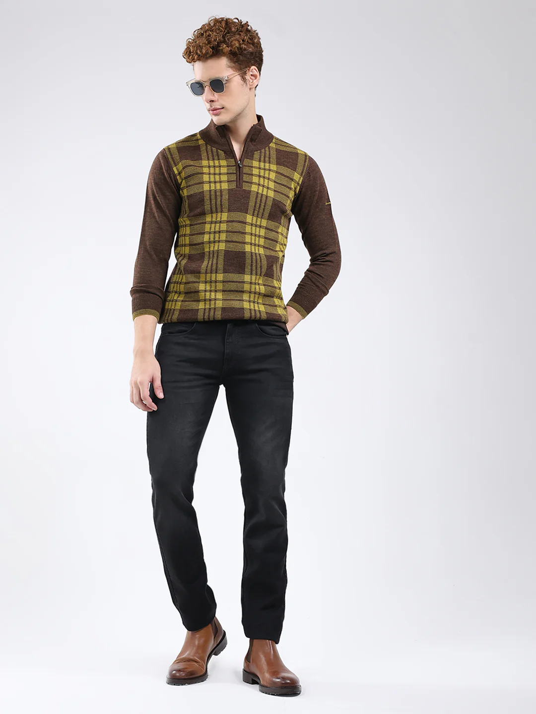 Men Brown Printed Mock Neck Full Sleeve Pullover - Image 2