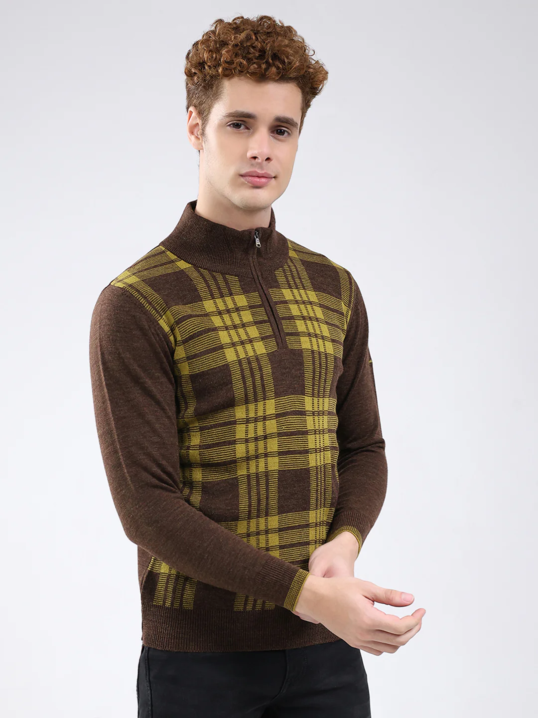 Men Brown Printed Mock Neck Full Sleeve Pullover - Image 4