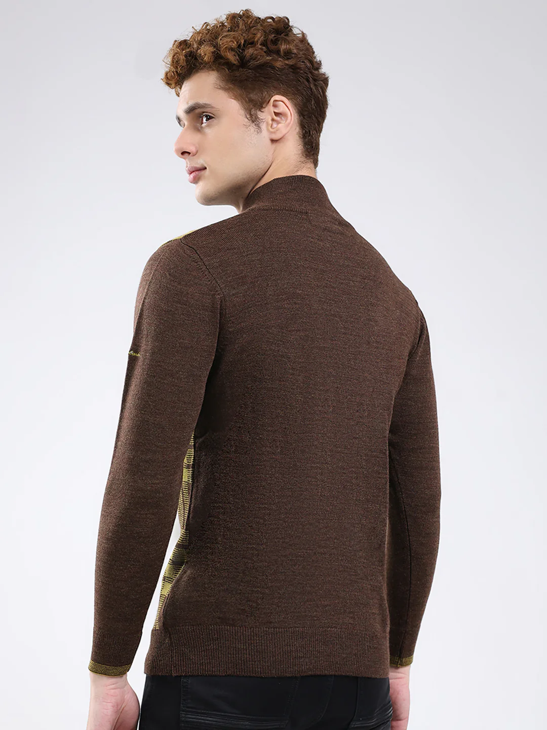 Men Brown Printed Mock Neck Full Sleeve Pullover - Image 5