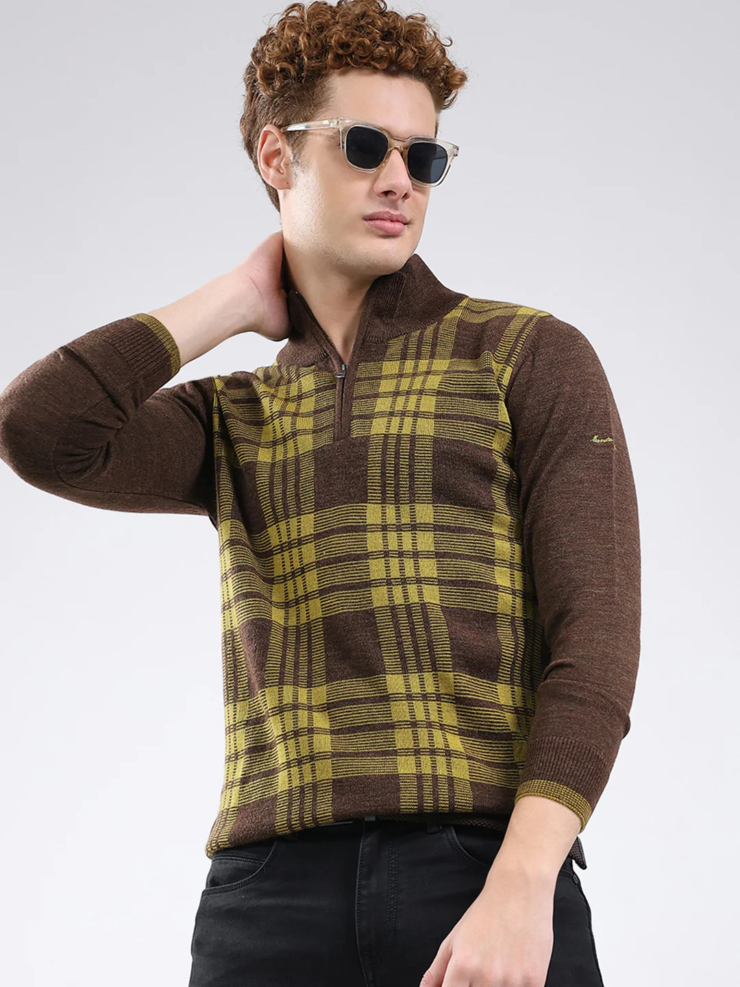 Men Brown Printed Mock Neck Full Sleeve Pullover - Image 6