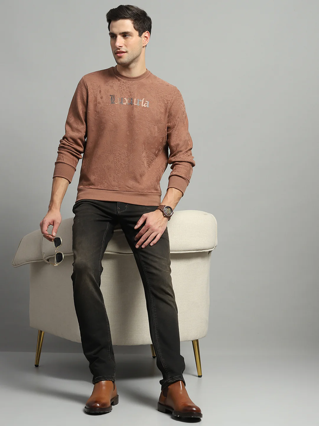 Men Brown Printed Round Neck Full Sleeve Sweatshirt - Image 2