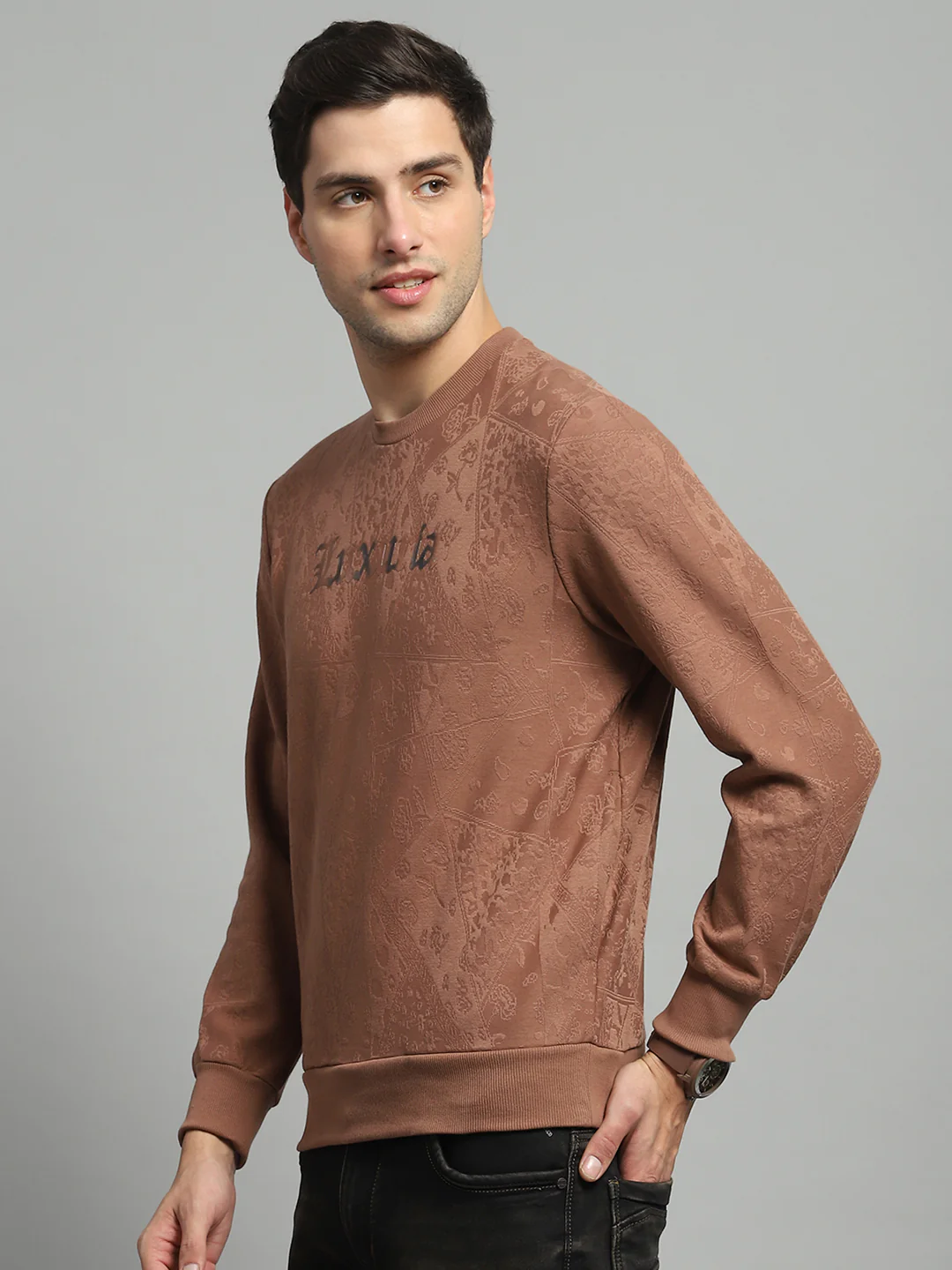 Men Brown Printed Round Neck Full Sleeve Sweatshirt - Image 3