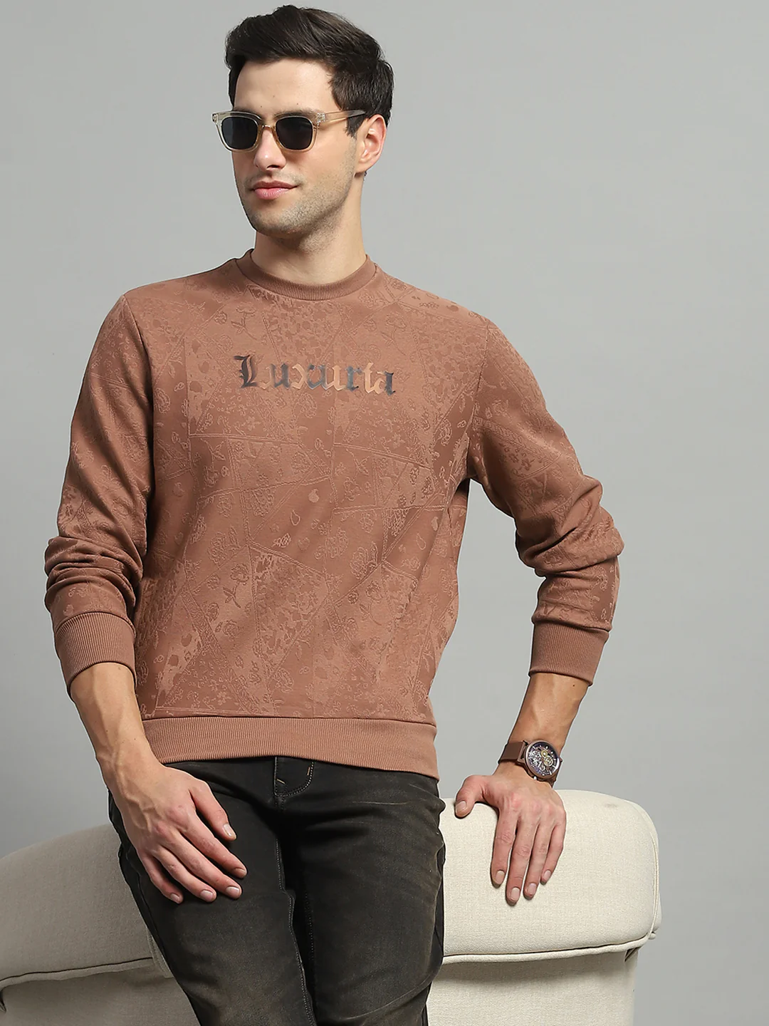 Men Brown Printed Round Neck Full Sleeve Sweatshirt - Image 6