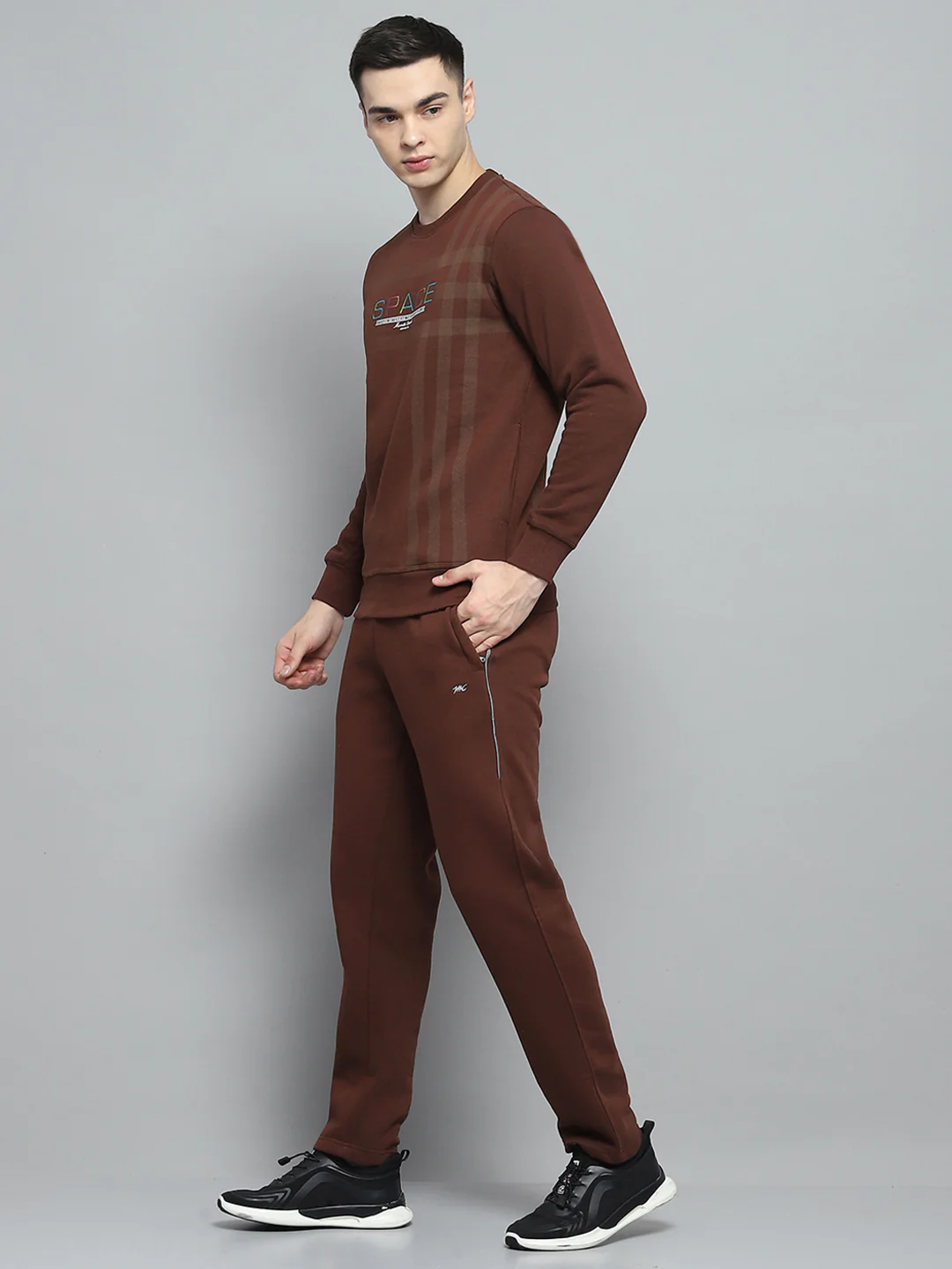 Men Brown Printed Round Neck Full Sleeve Winter Tracksuit - Image 3