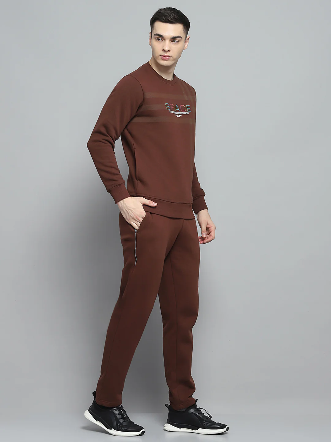 Men Brown Printed Round Neck Full Sleeve Winter Tracksuit - Image 4