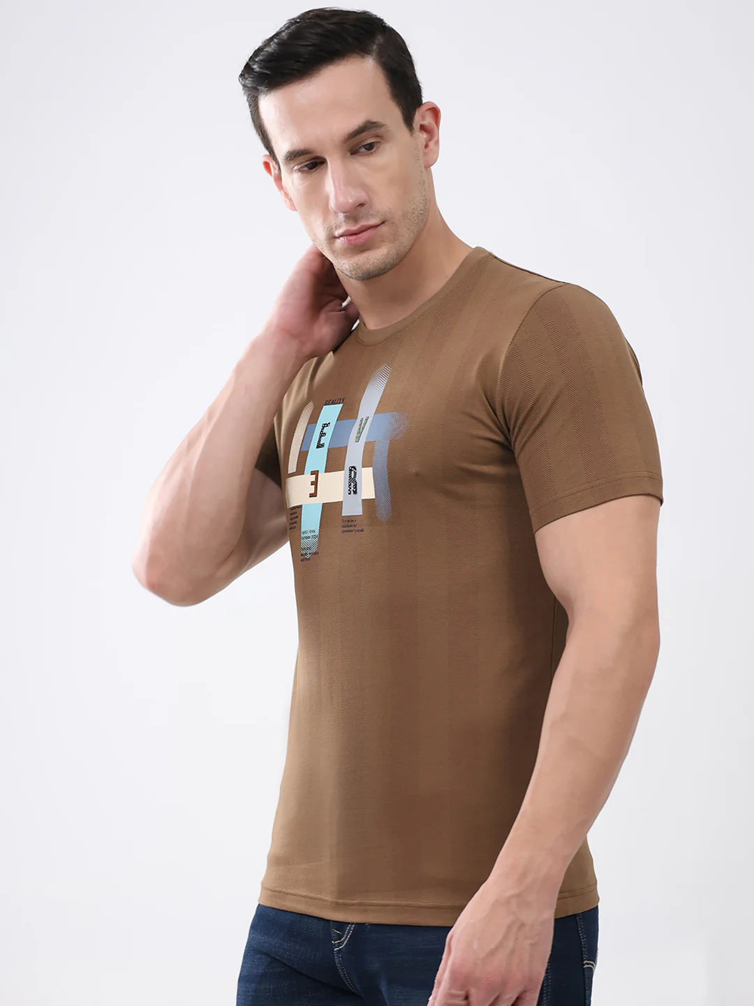 Men Brown Printed Round Neck Half Sleeve T-Shirt - Image 3