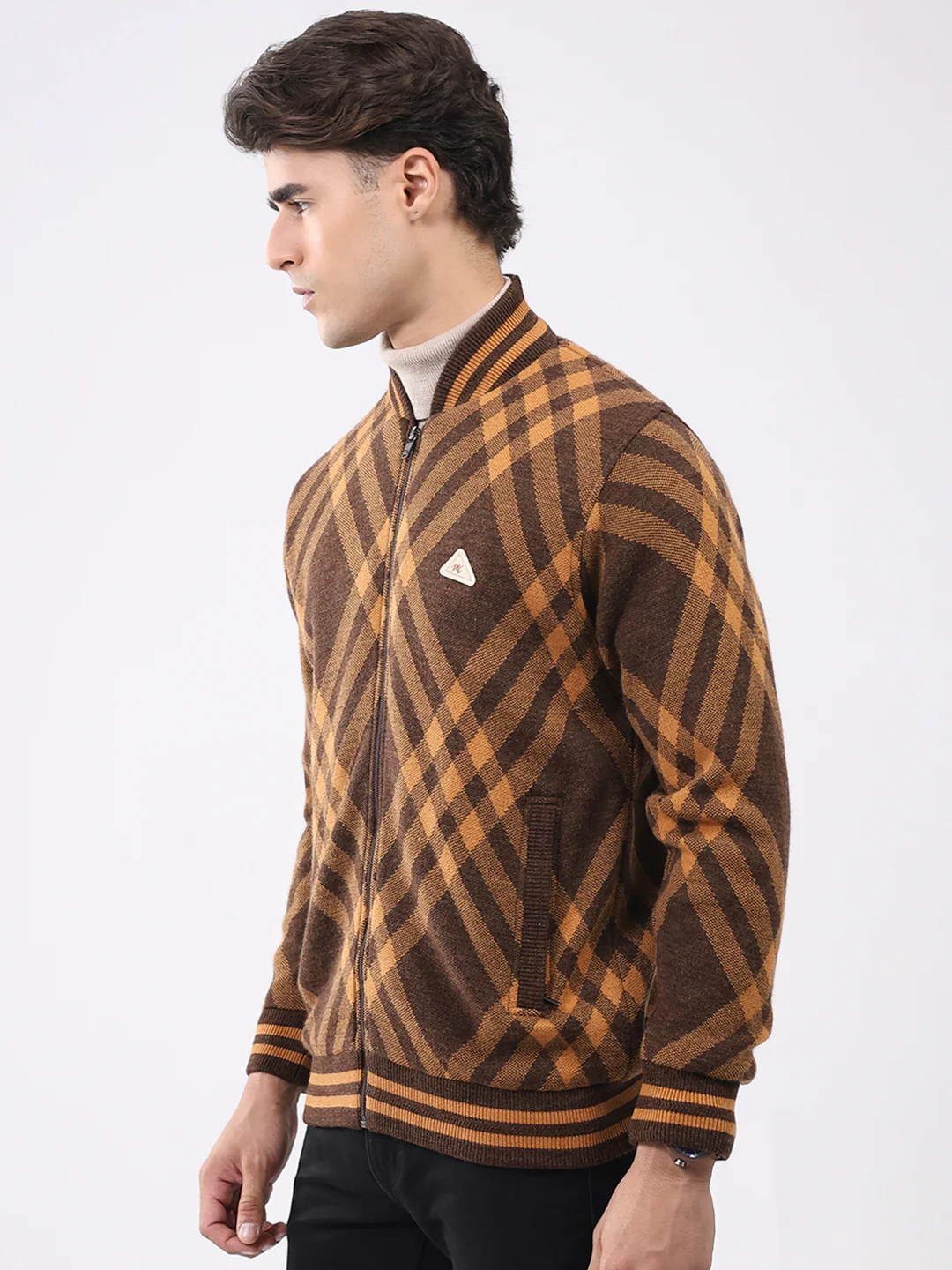 Men Brown Printed T Neck Full Sleeve Jacket - Image 3