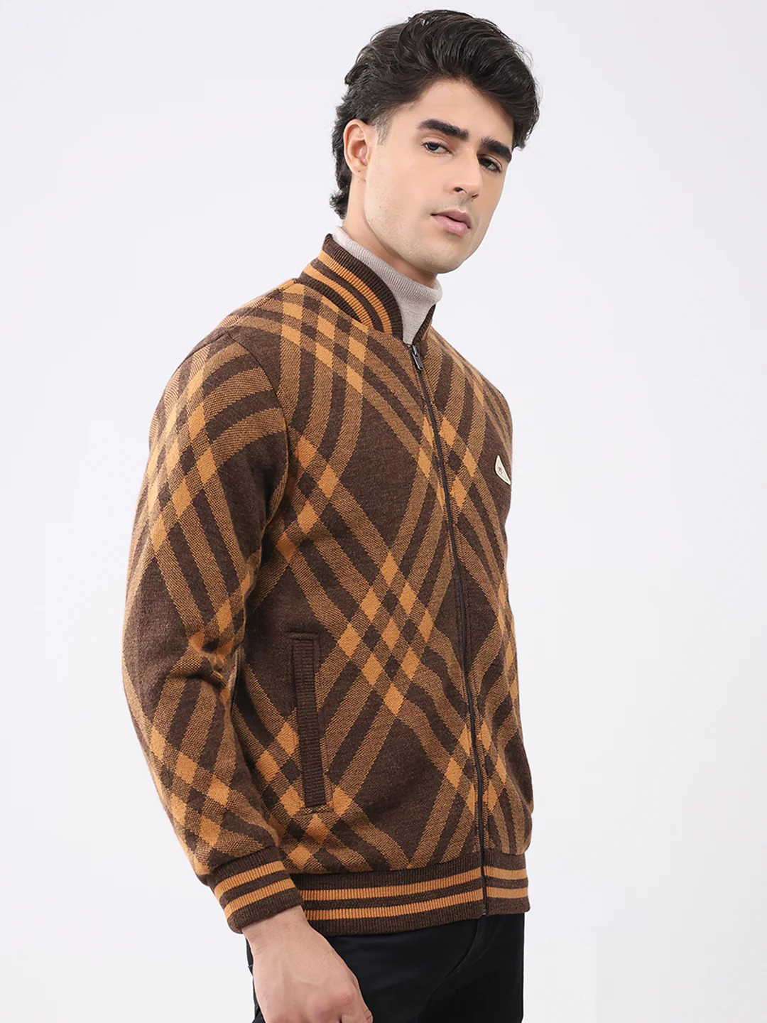 Men Brown Printed T Neck Full Sleeve Jacket - Image 4