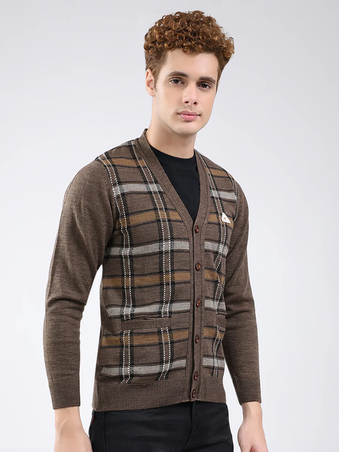 Men Brown Printed V Neck Full Sleeve Cardigan - Image 4