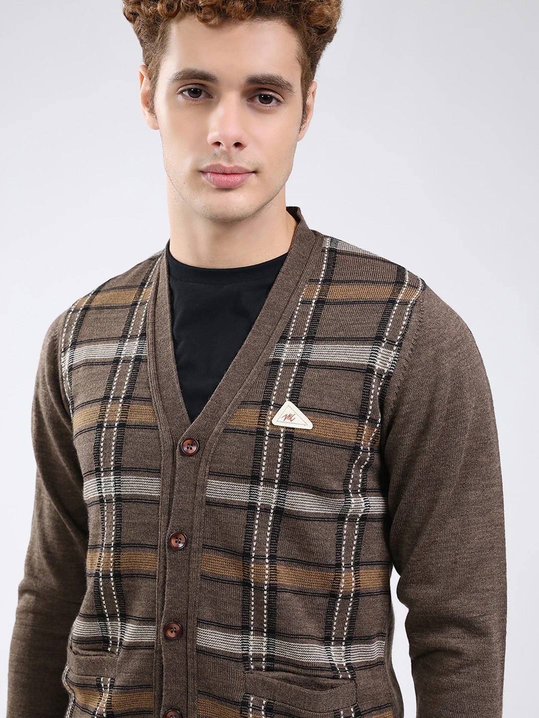 Men Brown Printed V Neck Full Sleeve Cardigan - Image 7