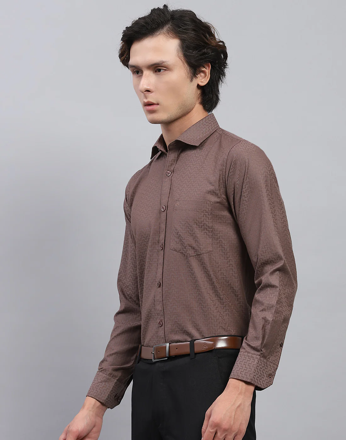 Men Brown Self Design Collar Full Sleeve Shirt - Image 3