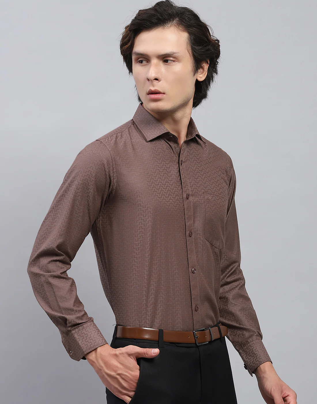 Men Brown Self Design Collar Full Sleeve Shirt - Image 4