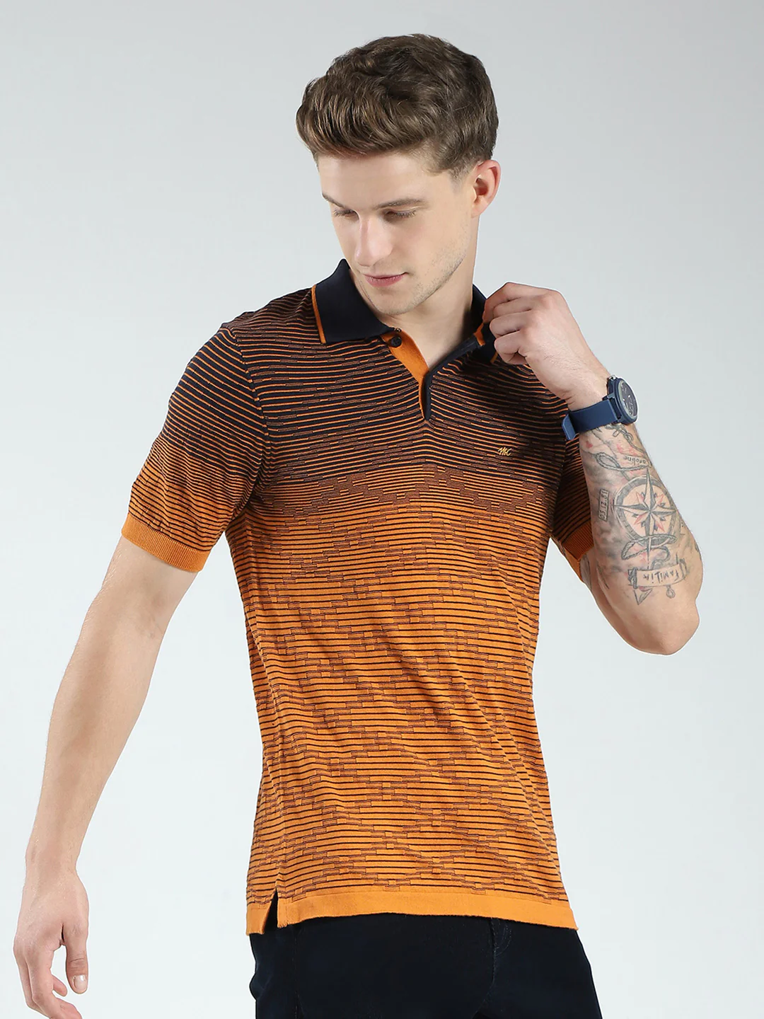 Men Brown Self Design Collar Half Sleeve T-Shirt - Image 4