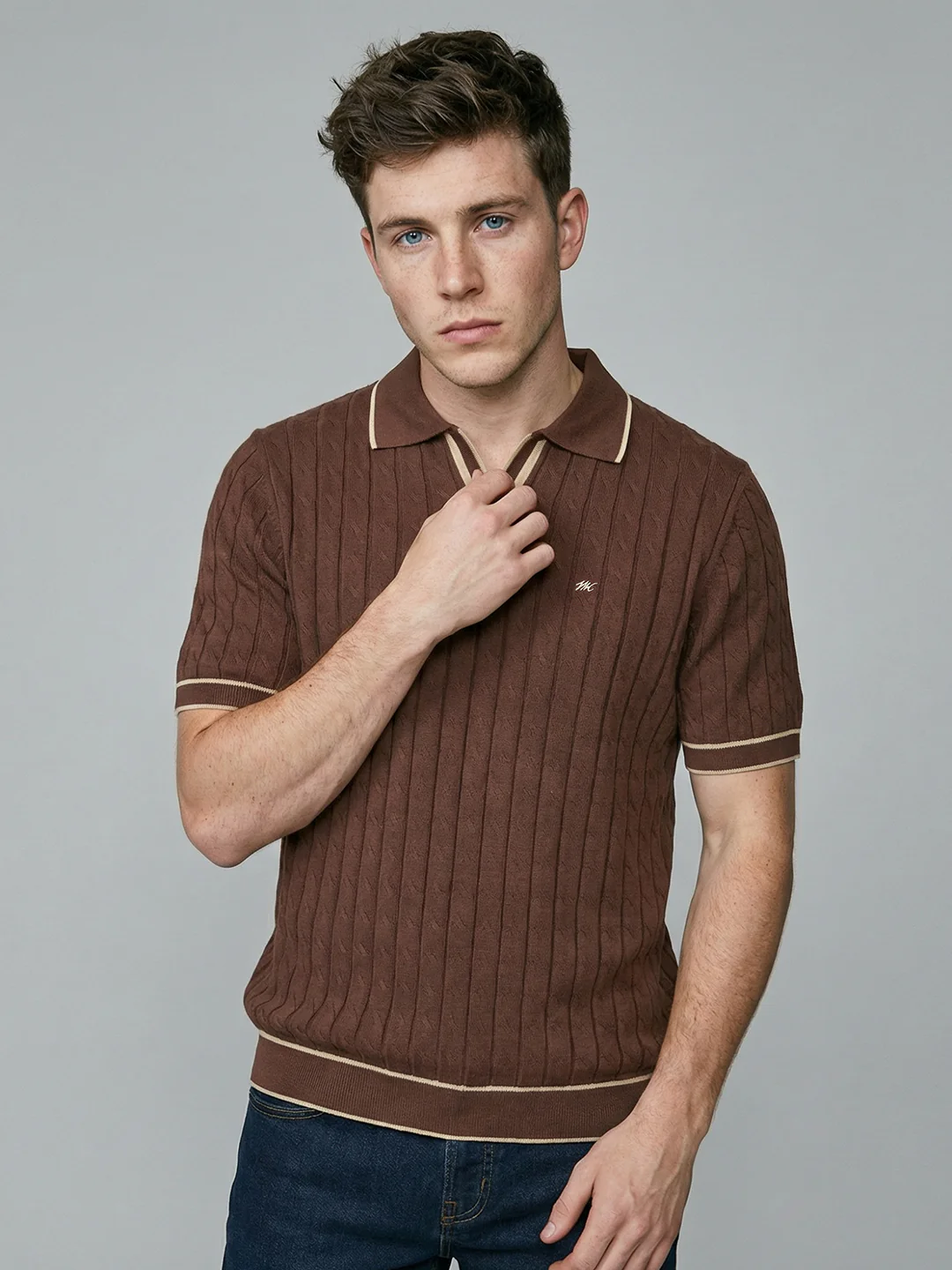 Men Brown Self Design Collar Half Sleeve T-Shirt - Image 3