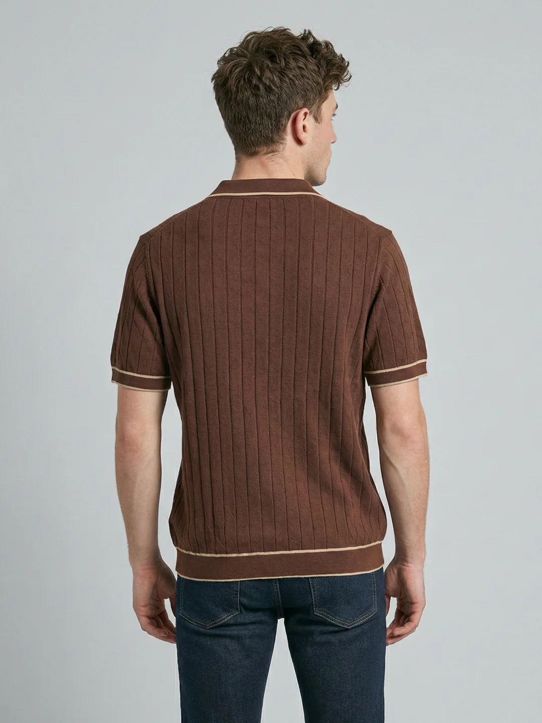 Men Brown Self Design Collar Half Sleeve T-Shirt - Image 4