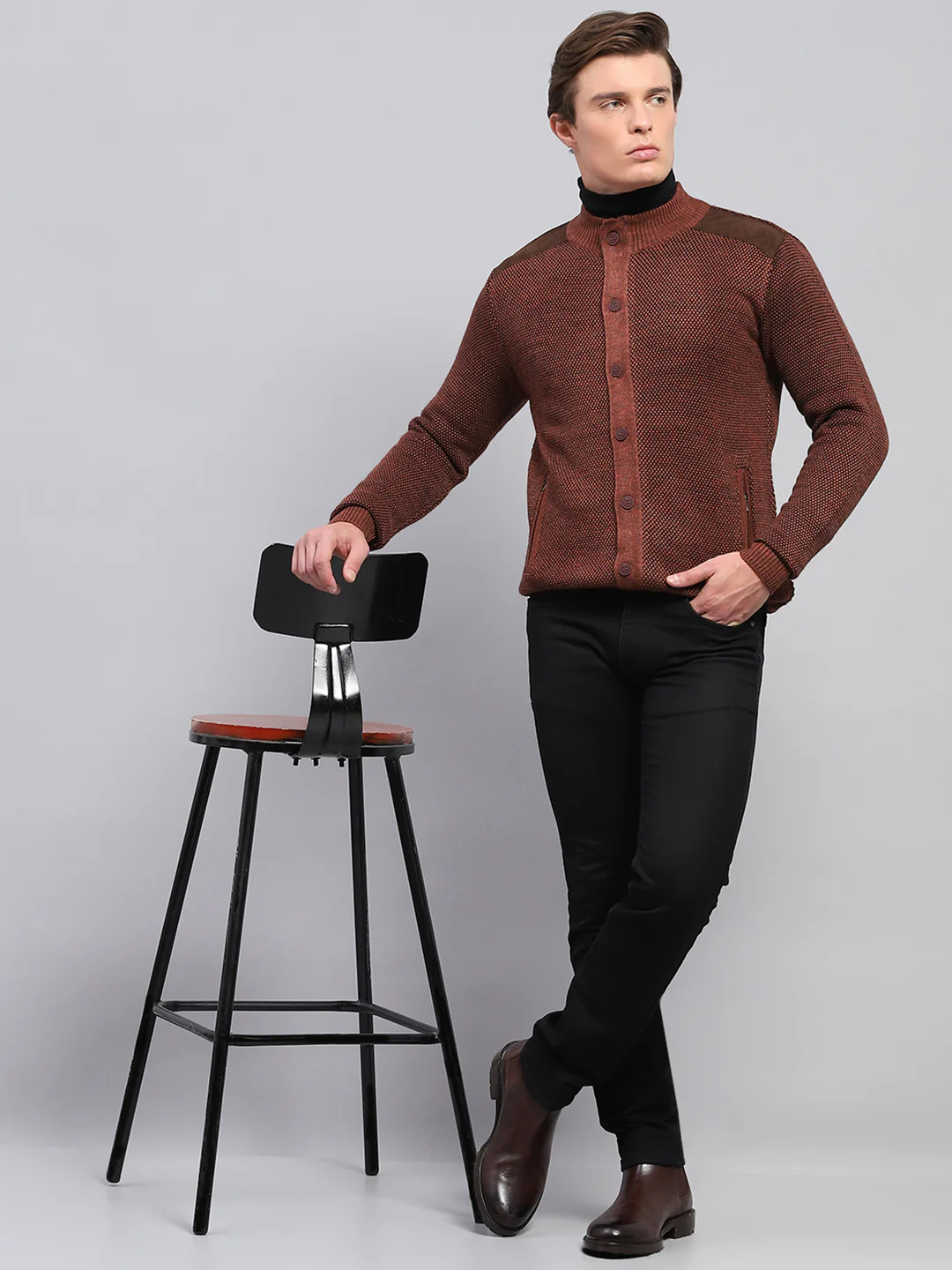 Men Brown Self Design High Neck Full Sleeve Pullover - Image 2