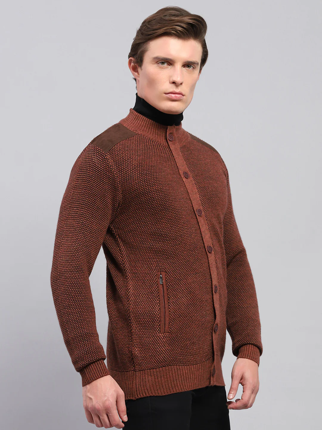 Men Brown Self Design High Neck Full Sleeve Pullover - Image 4