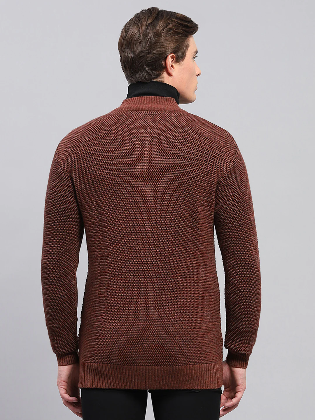 Men Brown Self Design High Neck Full Sleeve Pullover - Image 5