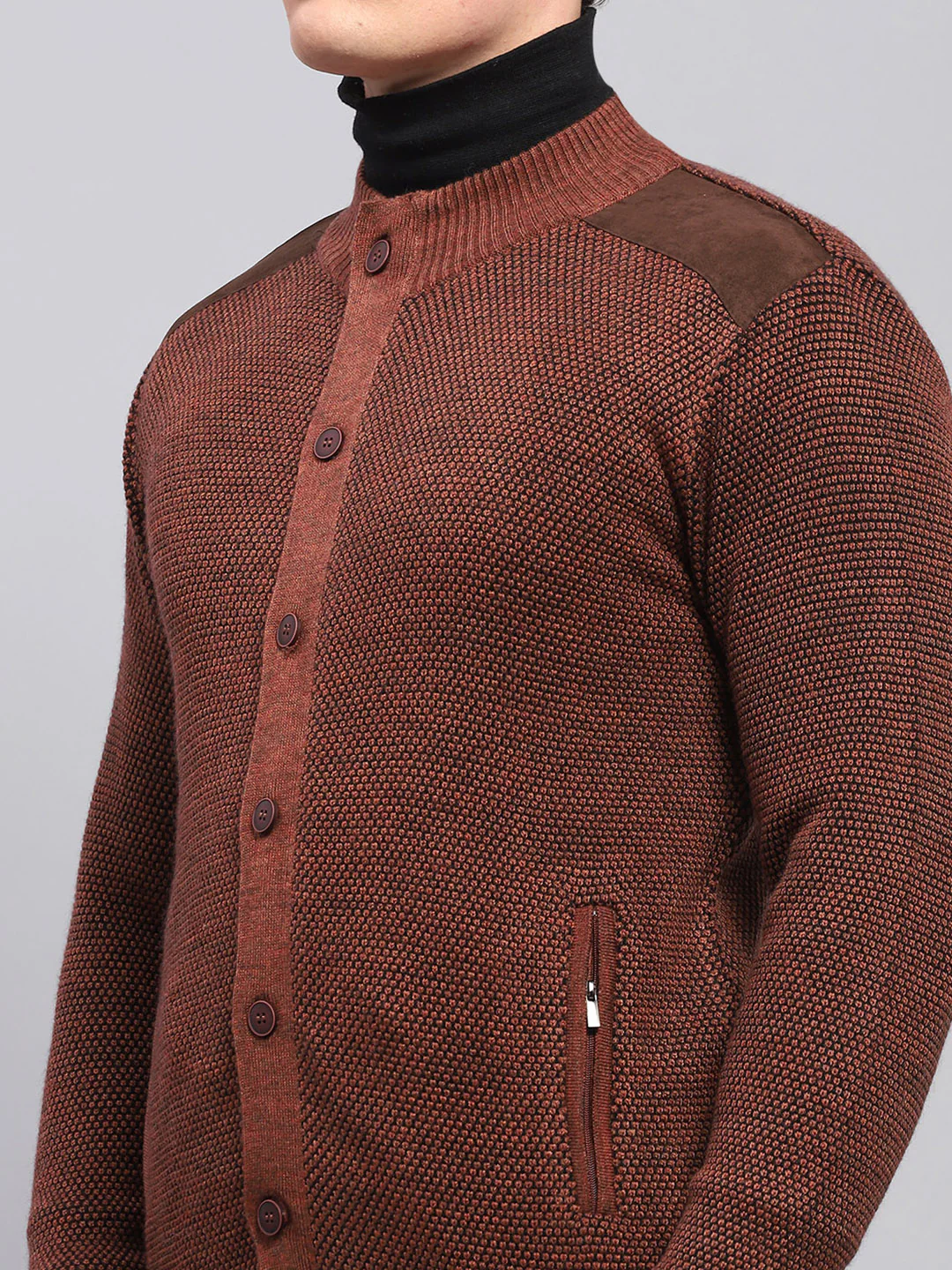 Men Brown Self Design High Neck Full Sleeve Pullover - Image 6