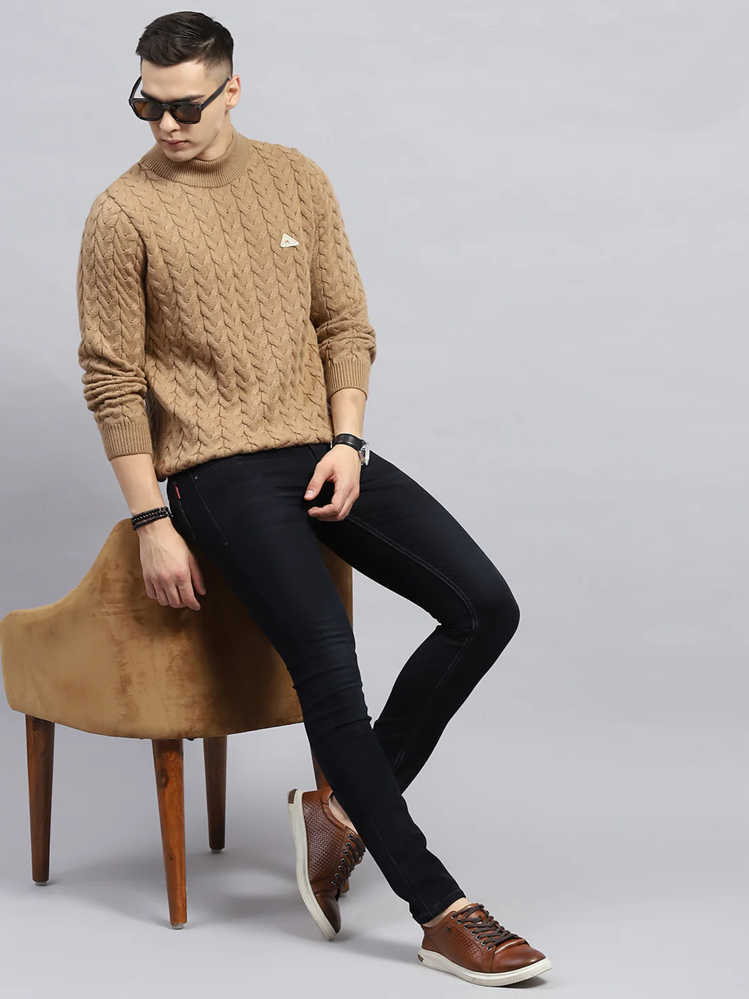 Men Brown Self Design High Neck Full Sleeve Pullover - Image 2