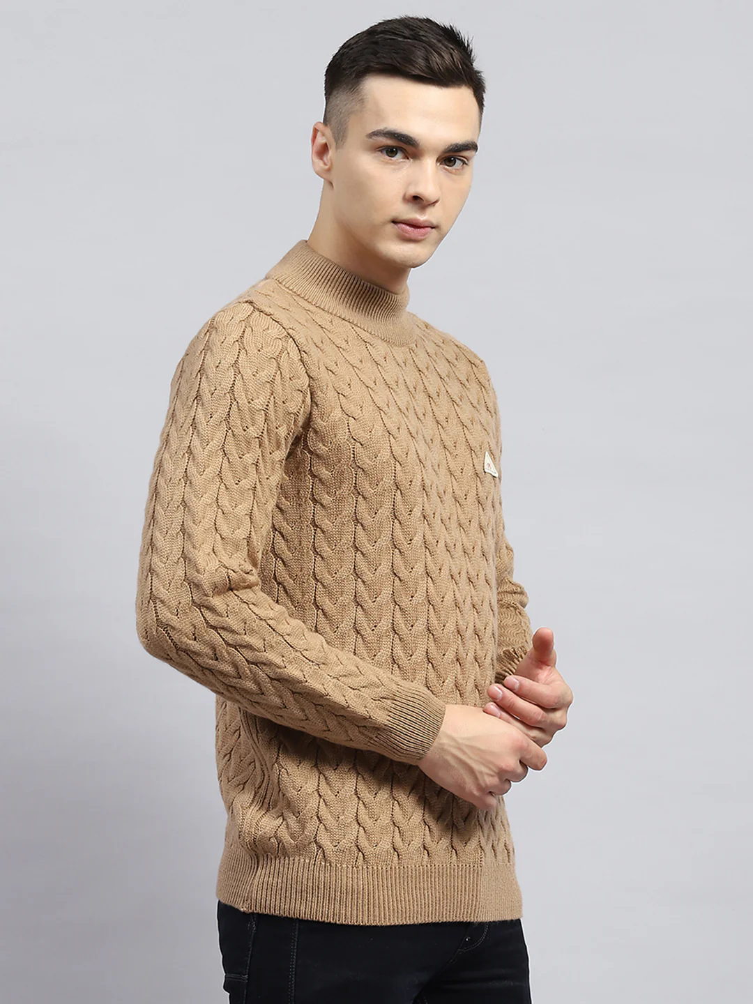 Men Brown Self Design High Neck Full Sleeve Pullover - Image 4
