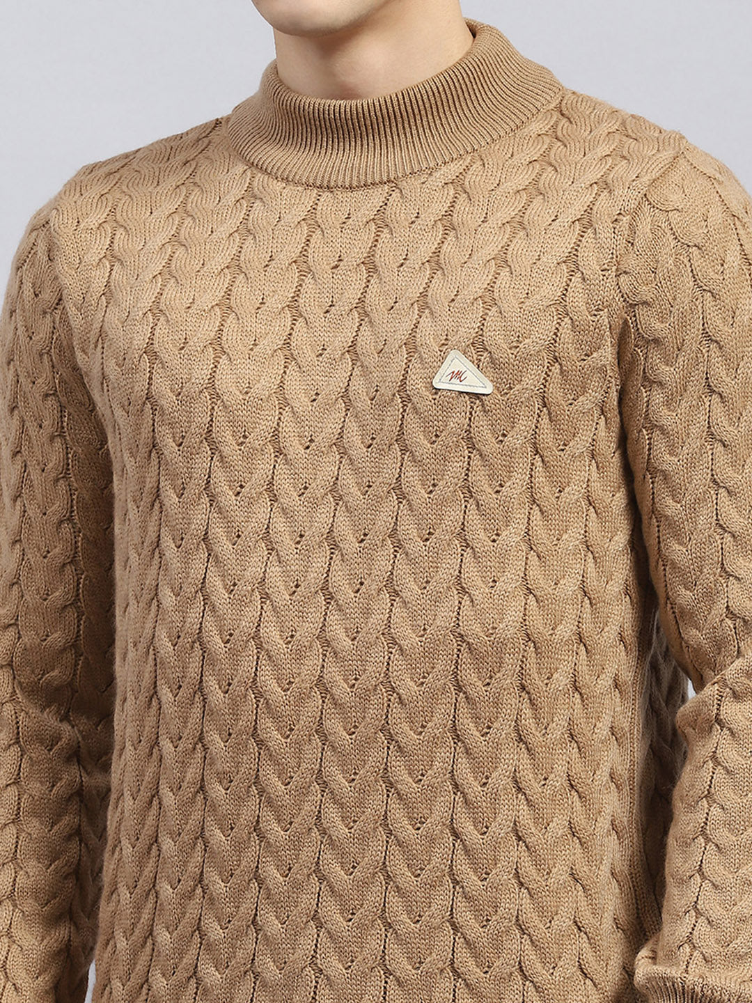 Men Brown Self Design High Neck Full Sleeve Pullover - Image 7