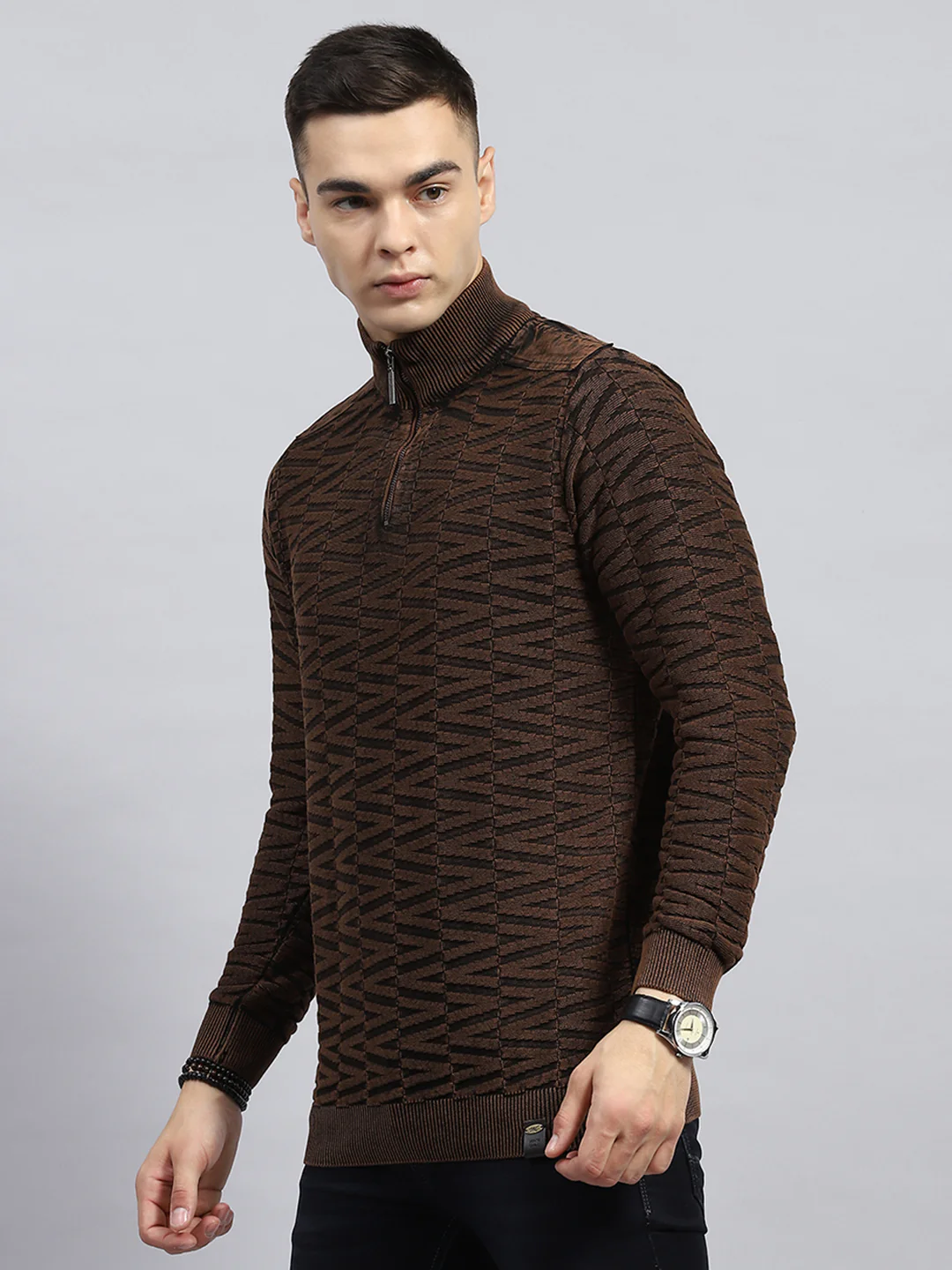 Men Brown Self Design High Neck Full Sleeve Pullover - Image 3