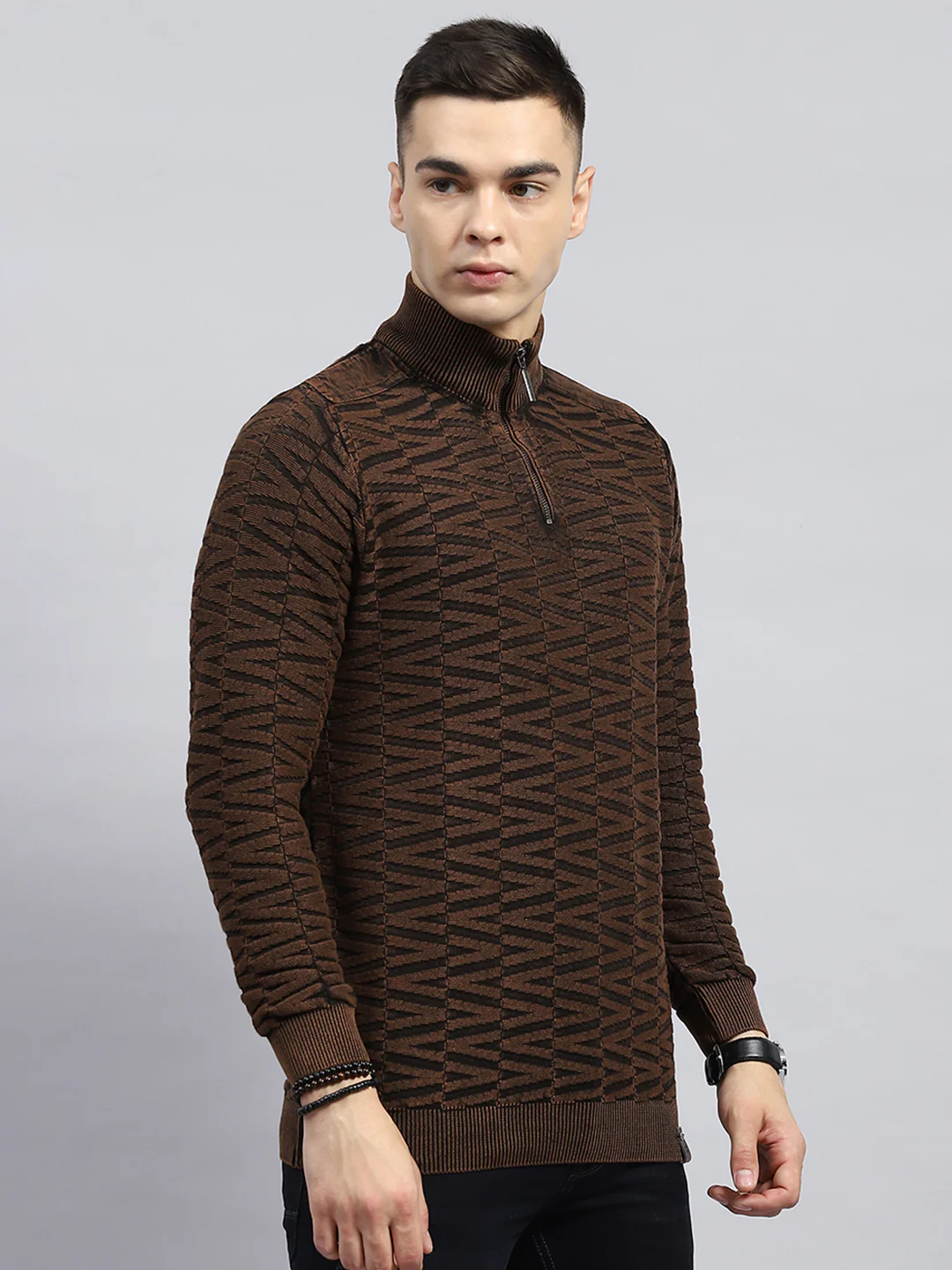 Men Brown Self Design High Neck Full Sleeve Pullover - Image 4