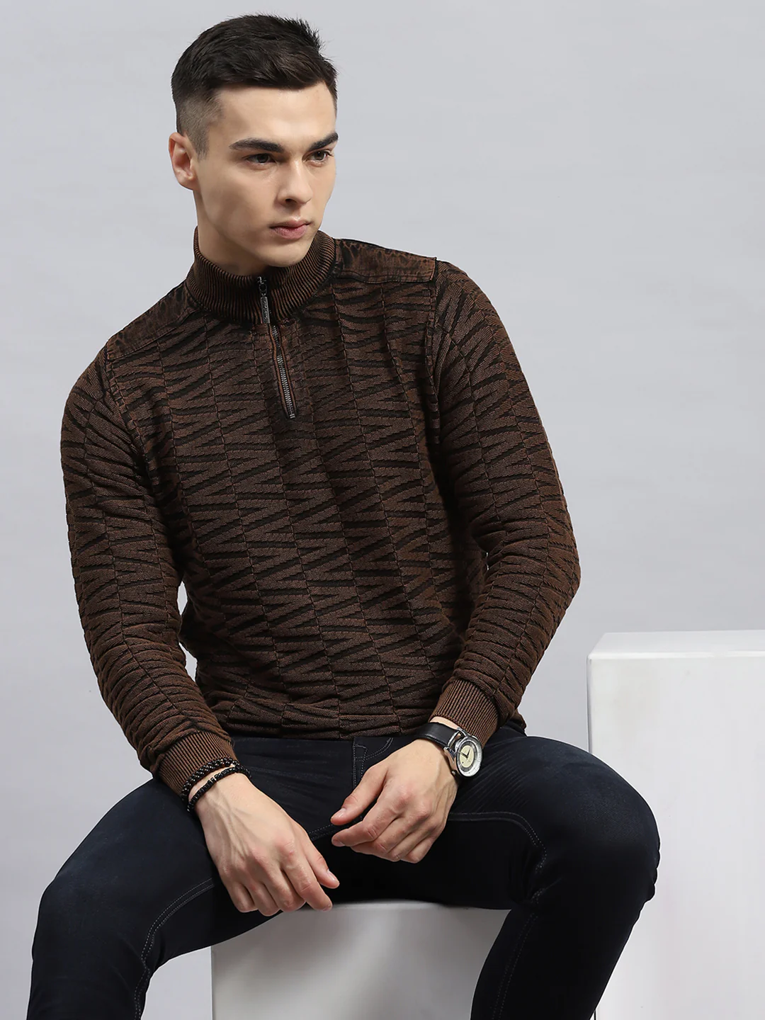 Men Brown Self Design High Neck Full Sleeve Pullover - Image 6