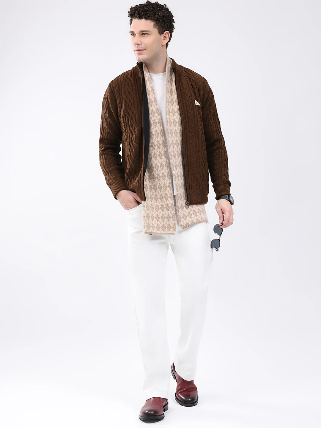 Men Brown Self Design Mock Neck Full Sleeve Jacket - Image 2