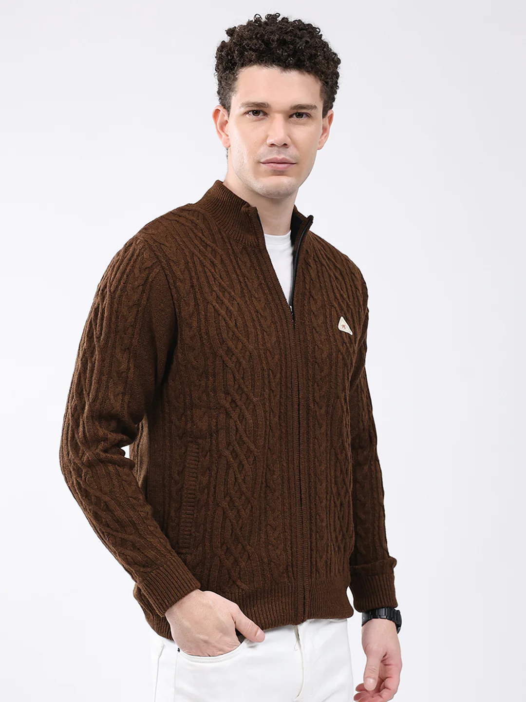Men Brown Self Design Mock Neck Full Sleeve Jacket - Image 4