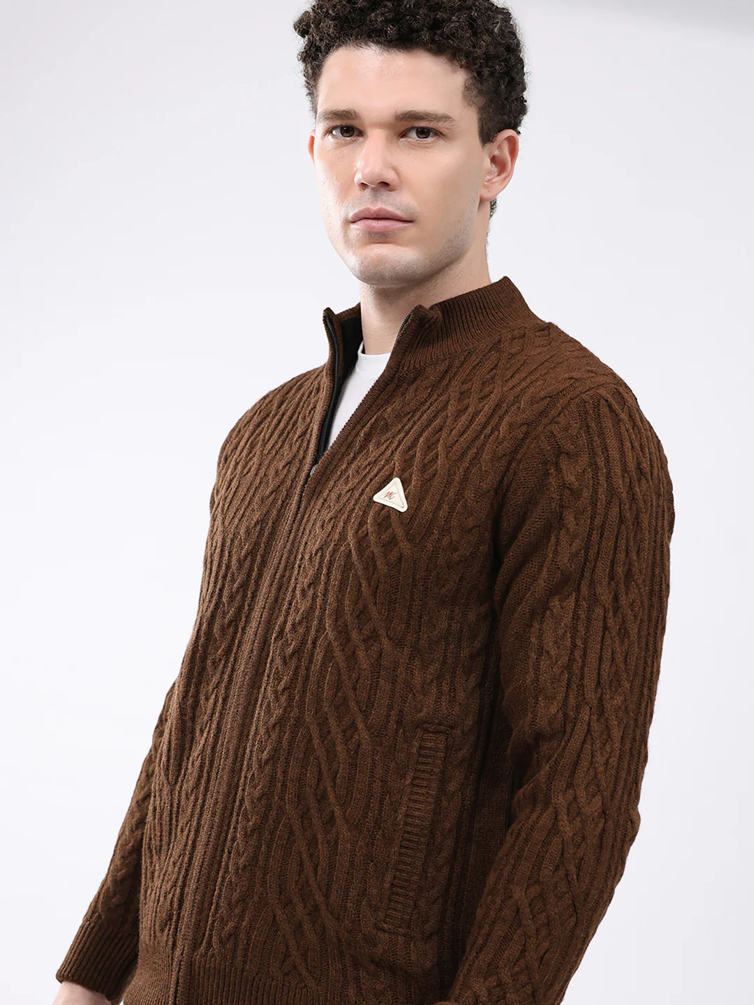 Men Brown Self Design Mock Neck Full Sleeve Jacket - Image 6