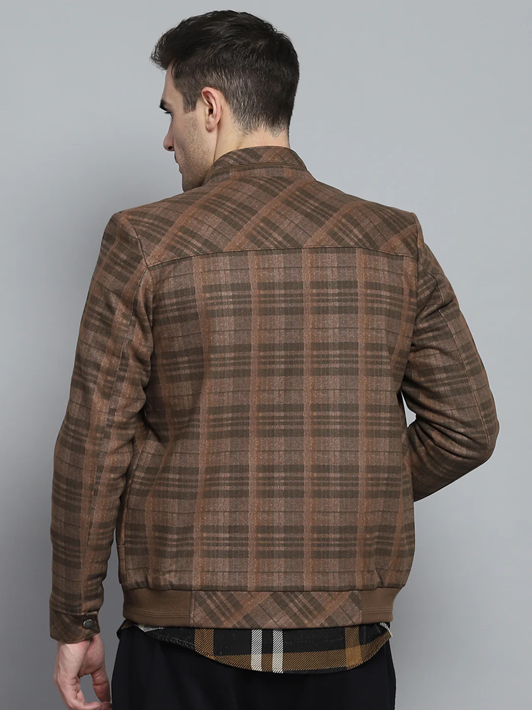 Men Brown Self Design Mock Neck Full Sleeve Jacket - Image 5