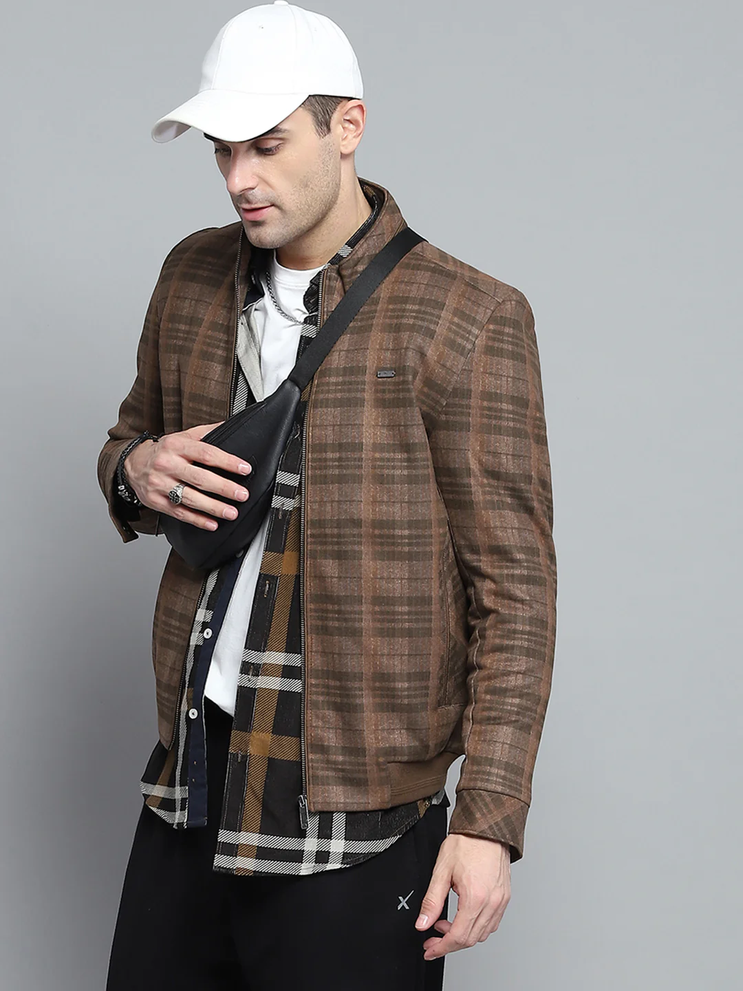 Men Brown Self Design Mock Neck Full Sleeve Jacket - Image 6