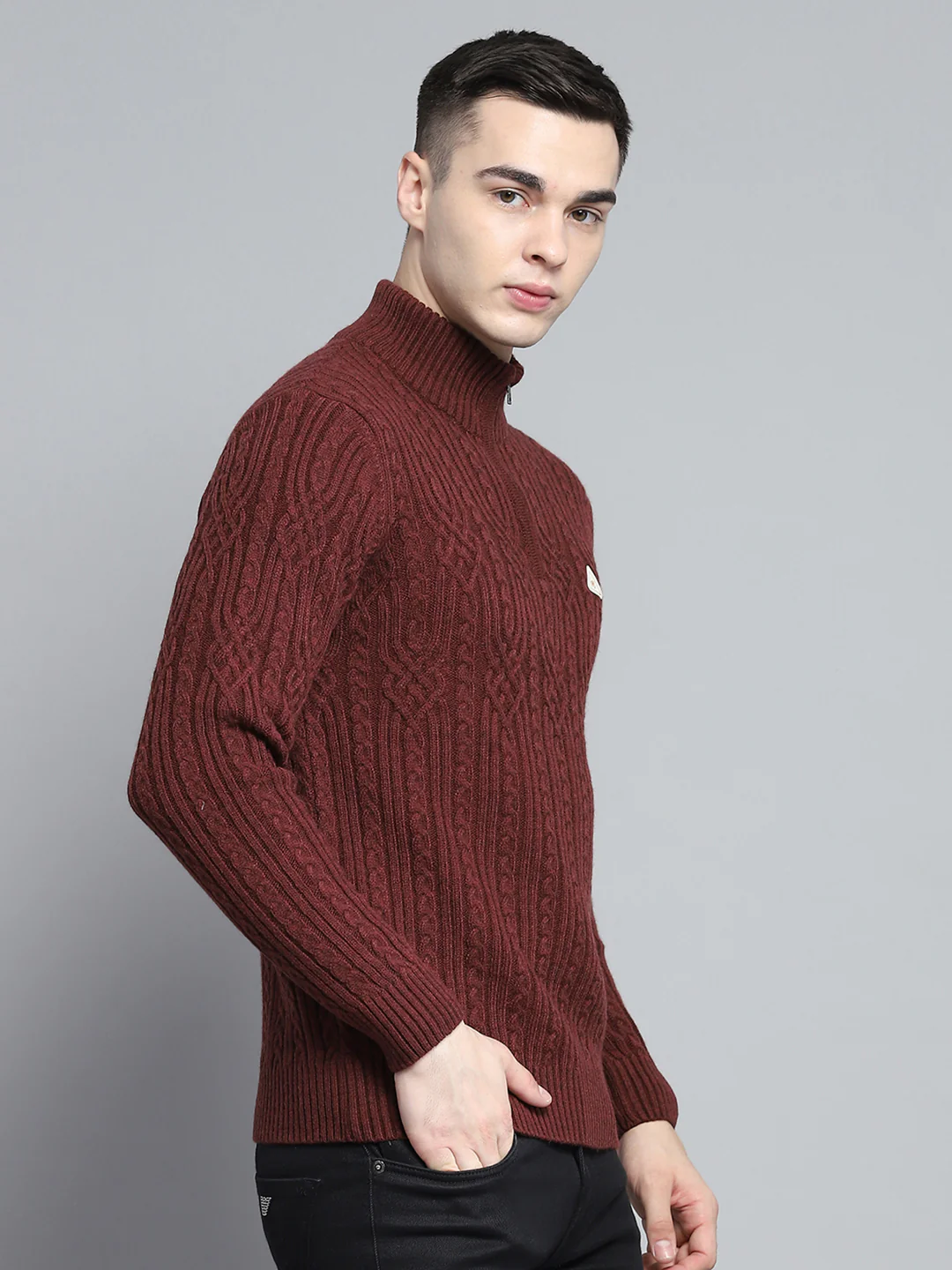 Men Brown Self Design Mock Neck Full Sleeve Pullover - Image 4