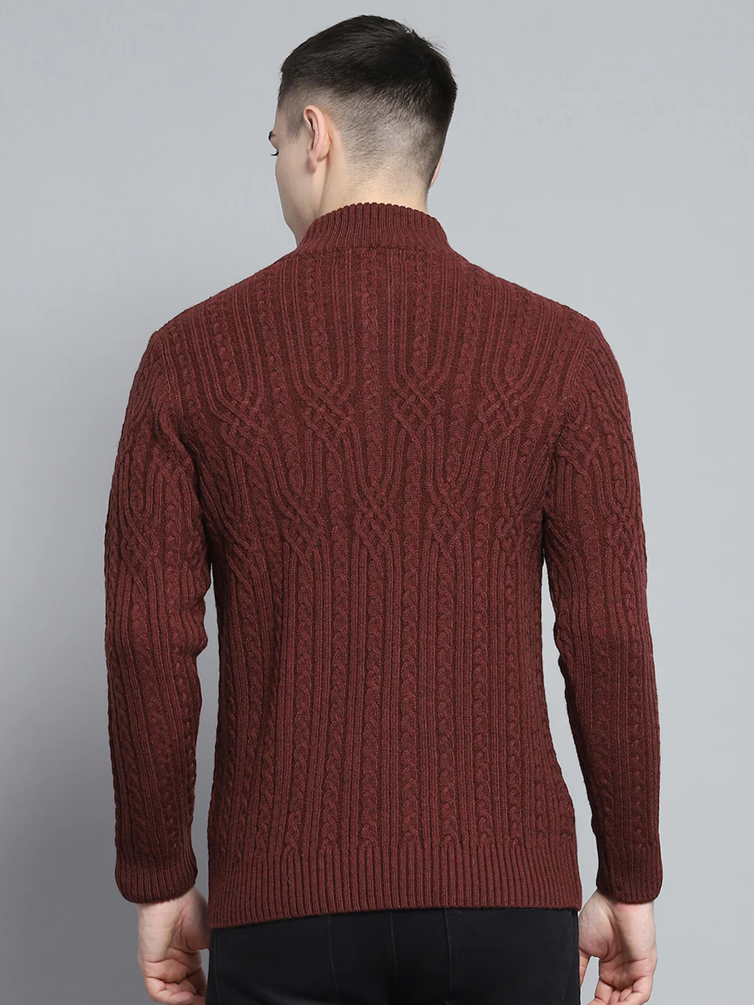 Men Brown Self Design Mock Neck Full Sleeve Pullover - Image 5