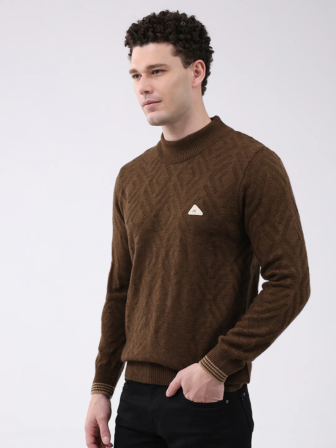 Men Brown Self Design Mock Neck Full Sleeve Pullover - Image 3