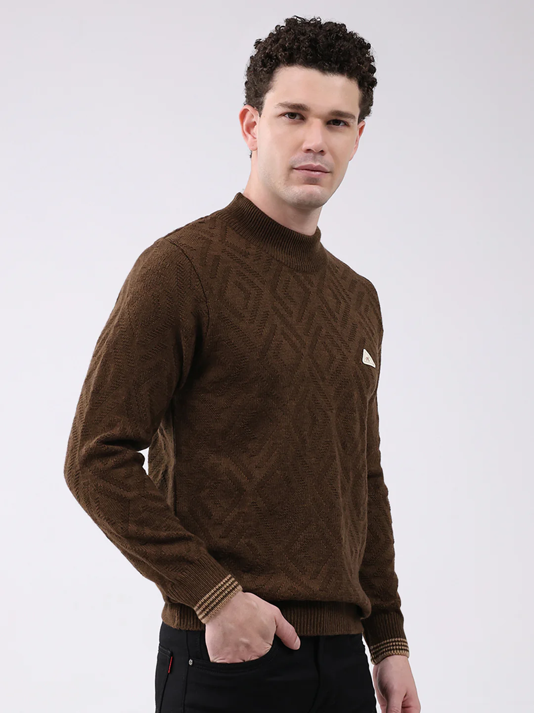Men Brown Self Design Mock Neck Full Sleeve Pullover - Image 4