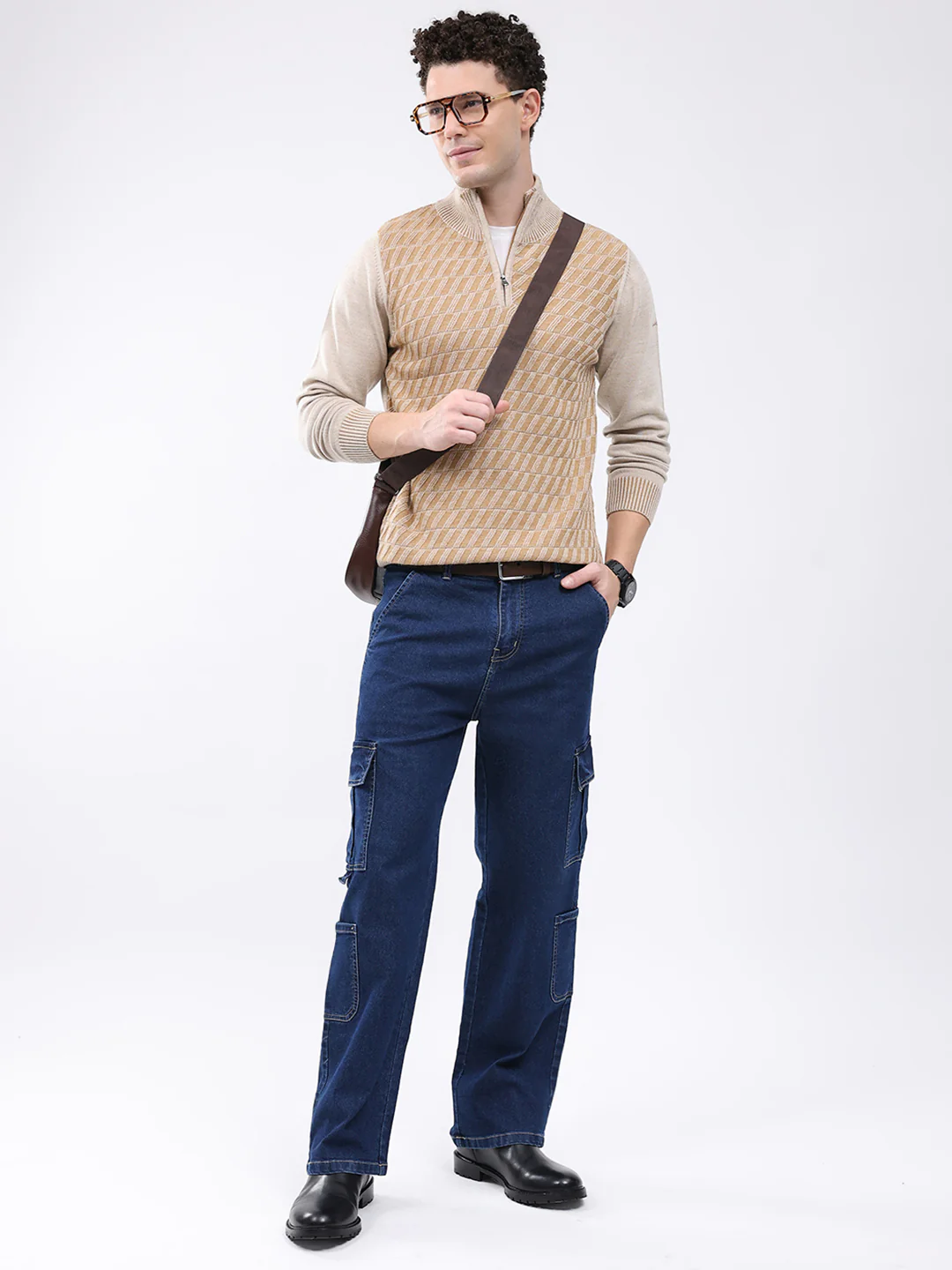 Men Brown Self Design Mock Neck Full Sleeve Pullover - Image 2