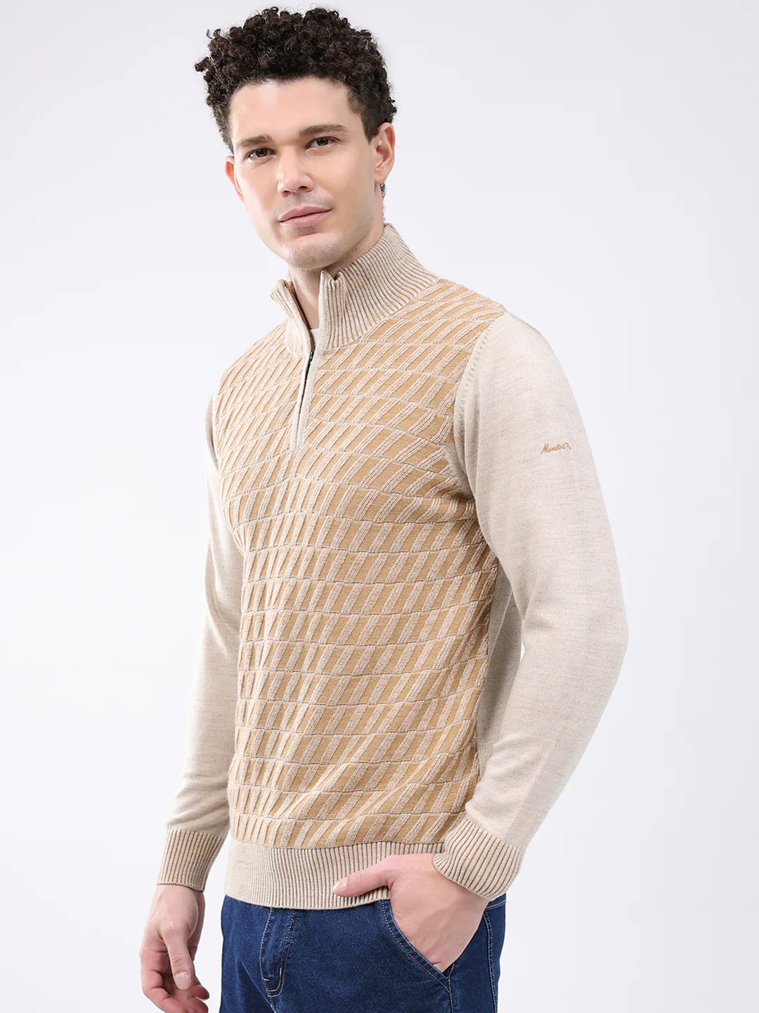 Men Brown Self Design Mock Neck Full Sleeve Pullover - Image 3