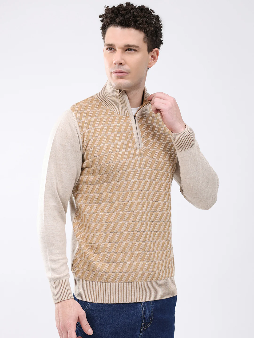 Men Brown Self Design Mock Neck Full Sleeve Pullover - Image 4